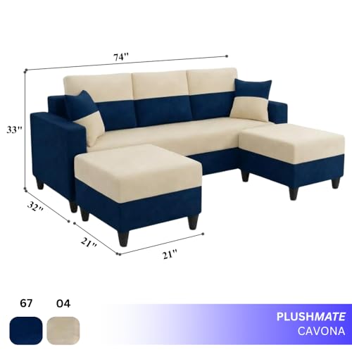 Image of Cavo 5 Seater L Shape Sofa Set with 2 Movable Ottomans | Flexible Layout | Luxury Velvet Suede Fabric | Modern Living Room Sofa | Dark Blue-Cream