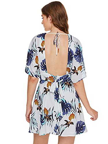 Image of Floerns Women's Tropical Floral Plunging V Neck Tie Open Back Summer Short Dress