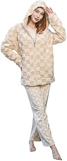 بيجامة شتوي قطيفة فرو تيشيرت اكمام و سويت شيرت كابتشو و بنطلون بنقش منقط للنساء