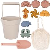 3 otters 11PCS Silicone Sand Bucket Set, Silicone Beach Toy Set Modern Beach Toys Sand Bucket Molds Shovel Bag for Toddlers Kids