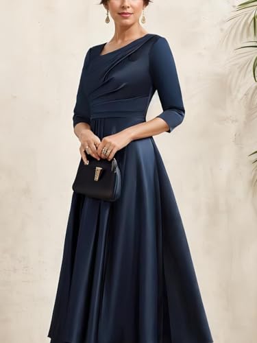 Elegant Luxury Satin A-Line Asymmetrical Neckline Tea-Length Mother of The Bride 2024 Evening Dress4