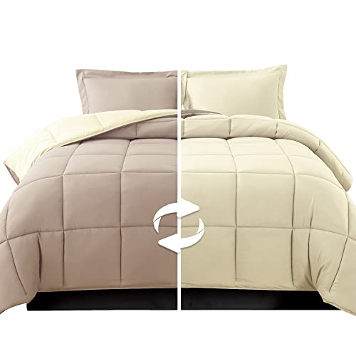 Image of Elegant Comfort 3-Piece Reversible Comforter Set, All Season Cozy, Soft Down Alternative, Quilted - Box Stitched - Duvet Insert with 4 Corner Tabs, Comforter with Shams, King, Linen /Ivory