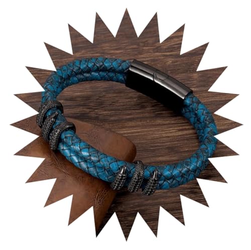 Bracelet homme punk vintage en cuir tressé noir bleu dragon