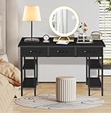 Panana Computer Desk, Writing Desk Home Office Study Desk Gaming Desk Writing Table With 3 Fabric Drawers and Bookshelf (Black) - Image 2