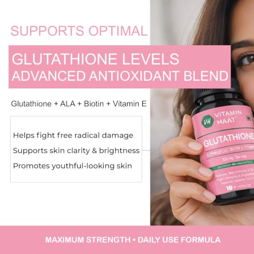 Image of L Glutathione Supplement with Vitamin C, Alpha Lipoic Acid, Biotin, Vitamin E & Grape Seed Extract | Glutathione for Antioxidant Support, Skin Wellness & Beauty Nutrition | 15 Capsules by VitaminHaat
