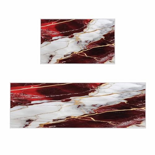 2 Pieces Kitchen Rugs and Mats,Modern White Red Gradient Gold Line Area Runner Rug Set Non Slip Floor Doormat Washable Carpet Standing Mat for Kitchen Sink Indoor Corridor,Abstract Marble Texture
