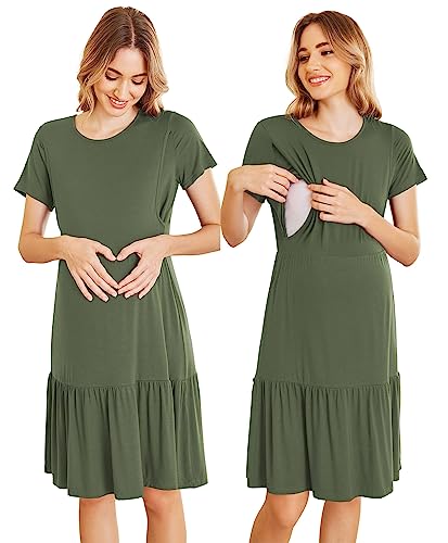 Image of Ekouaer Nursing Sleepwear for Women Swing Pregnancy Nightdress Ruffle Breastfeeding Nightshirt Maternity Nightgowns