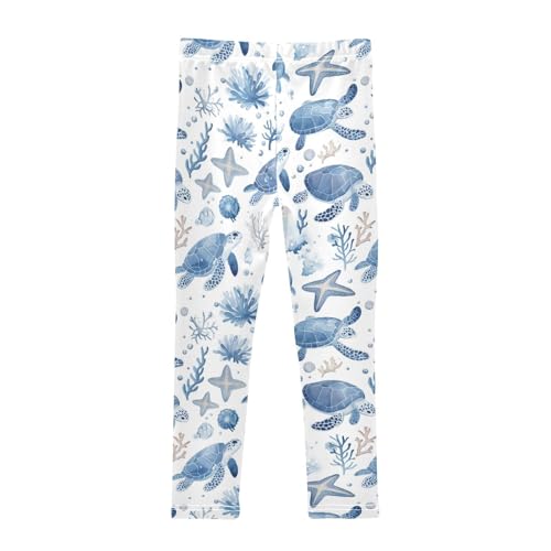 Blue White Turtles Girls' Leggings Toddler Doodles Sea Kids Yoga Pants Dance Active Tights 4T2
