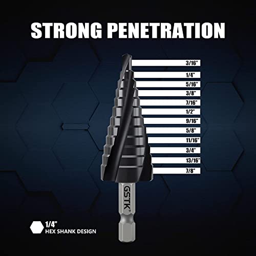 Gstk Pro Max Four Spiral Flute Cobalt Step Drill Bit Set, Impact Ready, For Metal, Stainless Steel, Aluminum, Wood, Plastic With 1/4" Hex Shank (3/16"-7/8") #TOP1