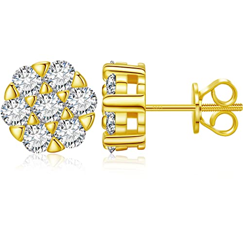 Moissanite Earrings Men Women 9mm Round Big Diamond Stud Earrings Flower Cluster Earrings 18K White Gold Plated Sterling Silver Earrings Screw Backs Brilliant Cut Moissanite Diamond Hypoallergenic Gift for Men Women