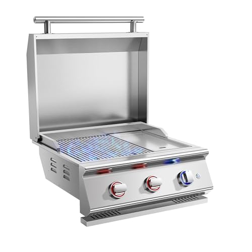 Livory 26 Inch BBQ Head Griddle Grill Combo for Barbecue Island, Liquid Propane Bulit-in Grills for Outdoor Kitchen,3 * 14,000 BTU， 3-Burner, Premium 304 Stainless Steel, Convertible to Natural Gas