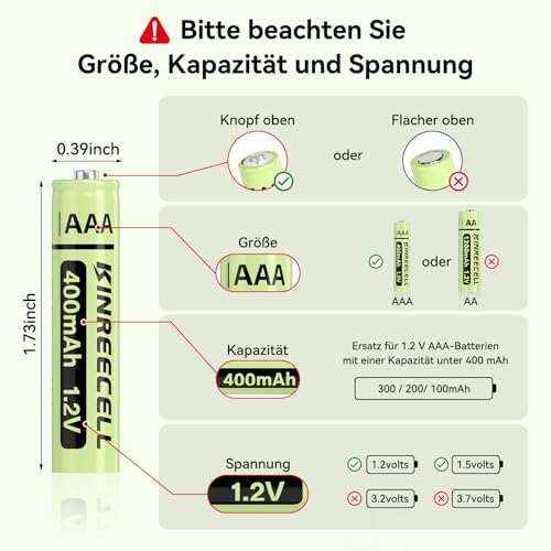 KINREECELL Wiederaufladbare AAA-Batterien, NI-MH-Triple-A-Solarbatterien mit echter Kapazität, 1.2 V vorgeladen für Solarleuchten, Lichterketten, Solar-Wegeleuchten (AAA-400 mAh, 12 Stück)