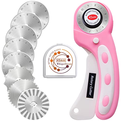 WhisperDream 45mm Rotary Cutter - Pink Rotary Cutter with Ergonomic Safety Design - 8 Extra Replacement Blades Included, 45mm Rotary Cutter Great for Sewing, Quilting Supplies, Fabric and Crafts