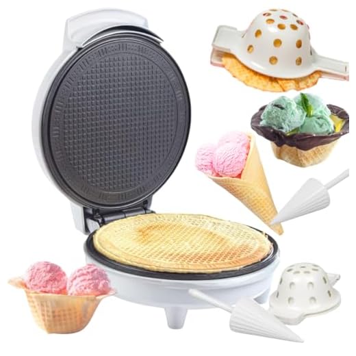Waffle Cone and Bowl Maker- Includes Shaper Roller and Bowl Press- Homemade Ice Cream Cone Iron Machine - Summer Gift Giving or Entertaining Fun