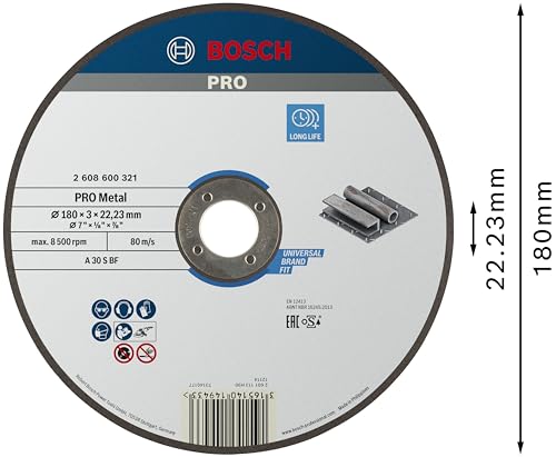 Bosch 1x PRO Metal Longlife Trennscheibe für große Winkelschleifer und 22,23‑mm-Bohrung (für Stahl, Ø 180 mm, Professional Zubehör Großer Winkelschleifer)