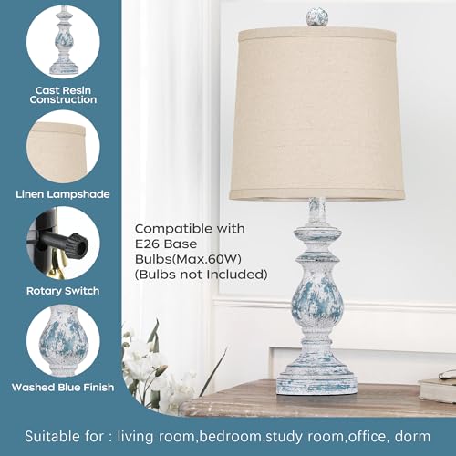 Image of PARTPHONER Traditional Table Lamp Set of 2, Rustic Farmhouse Table Lamps for Living Room Bedroom, 22 inch Bedside Desk Lamps Vintage Nightstand Lamps with Linen Shades, Washed Blue