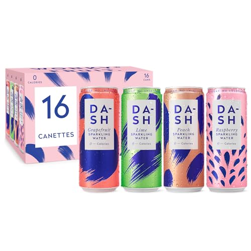 DASH Water Mix Pack – 16x Eaux pétillantes aromatisées (4X Pêche 4X Citron vert 4X Framboise 4X Pamplemousse) SANS Sucre, SANS Édulcorant, SANS calories – Infusées avec des Fruits rejetés (16x330ml)