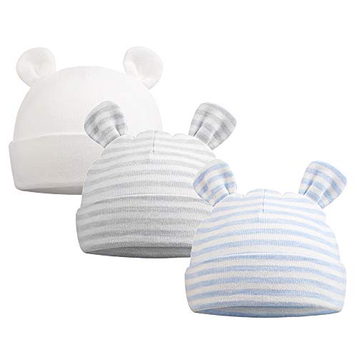 Original Cotton Newborn Beanies Striped Cute Baby Hat for Boys Girls Bear Ears Infant Beanie 3-Pack (Bear(White+Blue Striped+Gray Striped), Preemie)