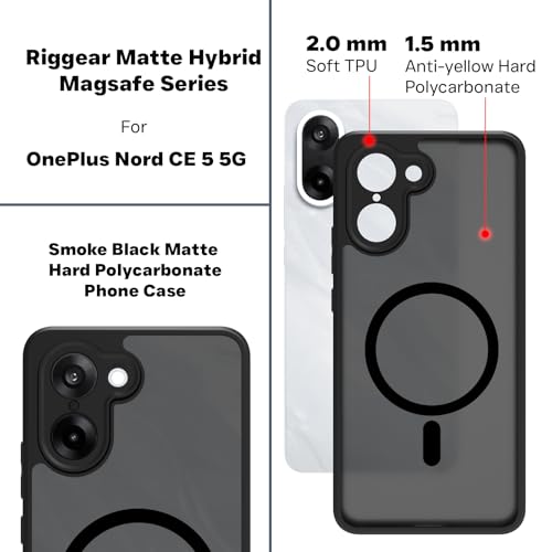 Image of RIGGEAR Shockproof Sleek Hybrid Armor Magnetic Back Cover Case Compatible with MagSafe Accessories for OnePlus Nord CE5 / Nord CE 5 5G (Smoke Black Matte PC + Black TPU Bumper)