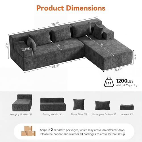 Image of MONVANE 106 inch Cloud Sectional Couch with L Shaped Chaise, Modular Sectional Sofa with Removable Armrests, Comfy Chenille Boneless Couches for Living Room, No Assembly Required, Grey