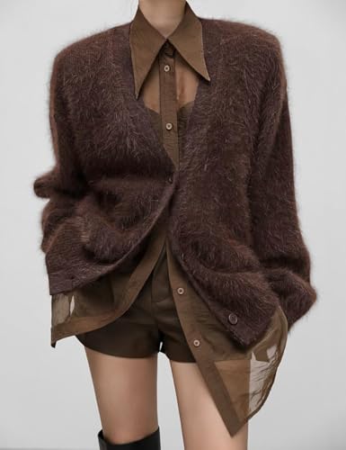 Image of COZYPOIN Womens Fuzzy Cardigan Sweater V Neck Button Down Soft Knit Coat | Loose, Comfy, Slouchy Drop Shoulder, Long Sleeve Fluffy Mohair, Warm, For Daily Work Holiday, Spring Fall Winter Fashion