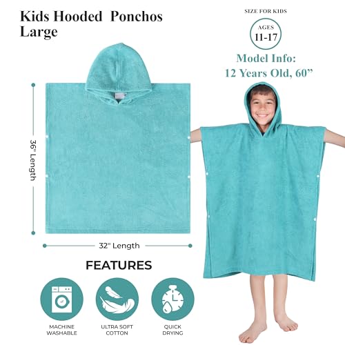 Image of Superior Kids Cotton Terry Poncho, Soft, Absorbent Bath Towel with Hood, Bathroom Accessories, Long, Plush Bathrobes for Bath, Shower, Spa, Resort, Hotel, Beach, Pool, Boy, Girl, Large Size, Teal