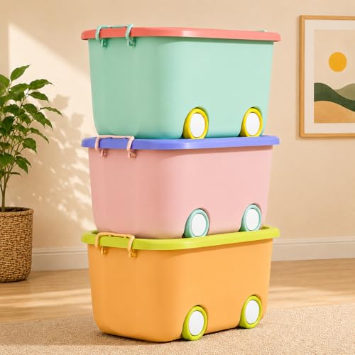 Image of JD FRESH 25 Litre Rolling Toy Storage Box /Colorful Car-Shaped Kids Toy Storage Organizer /Large Size Plastic Storage Box with Wheels & Handle /Stackable Storage Container Box (Pack of 3, Multicolor)