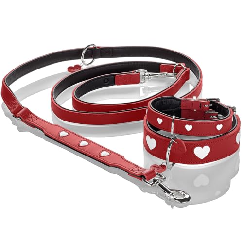 Hunter Verstellbare Hundeführleine Love, Farbe: rot/schwarz, weiches Rindnappaleder, 3-fache Verstellmöglichkeit, eingenähte Herzen, hochwertig verarbeitet, Made in Germany, Größe 13/200