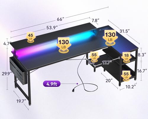 Image of ODK 66 Inch Gaming Desk with USB Charging Ports and LED Lights, Reversible L Shaped Computer Desk with Storage Shelves & Monitor Stand, Corner Gamer Desk Table with Power Outlets, Carbon Fiber Black