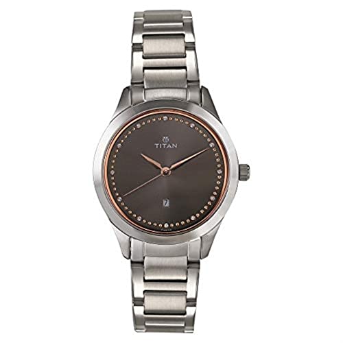 Titan Sparkle Womens Quartz Analog Watch - Silver Band - Black Face with Rose Gold Hands and Swarovski Crystals