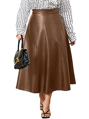 Celmia Jupe Femme Jupe Longue A-Ligne Taille Haute Maxi Jupe Cuir PU Jupe en Cuir Fermeture Éclair au Dos Cuir-Brun XL Cover