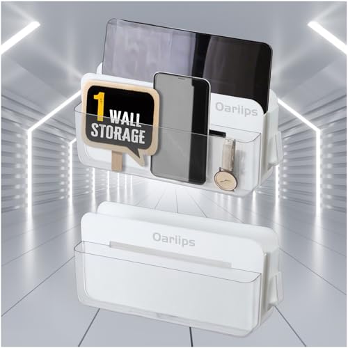 Adhesive-Room-Decor-Wall-Mount-Charging-Phone-HolderUniversal-Remote-Control-Smart-Phone-StationNo-Drilling-Box-for-Home-OfficeBedroomCollege-DormRV-Floating-Shelf-OrganizerWhite2-Pack