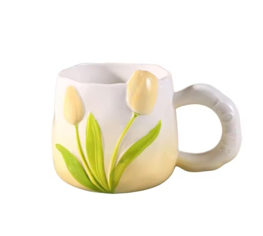 Floral Tulip Ceramic Coffee Mug 400ml | Cute Flower Design Tea Cup with Comfortable Handle | Coffee, Tea, Milk & Juice Mug | Microwave & Dishwasher Safe | Gift for Women, Girls, Kids & Adults (Yellow)
