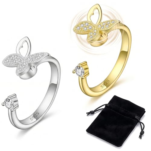 GWEOR 2 pcs anillos de ansiedad para mujer,Diseño de mariposa anillos giratorios abiertos ajustables,para Mujeres con Ansiedad