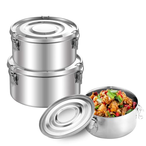 3 Pezzi Rotondo Lunch Box In Acciaio Inox,Porta Pranzo Acciaio Inox con Coperchi,Scatola Pranzo In Acciaio a Prova di Perdita,Portapranzo Acciaio Inox,Contenitore Acciaio Inox (660ml/1040ml/1590ml)