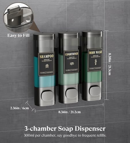 Luxspire Shampoo and Conditioner Dispenser, No Drill Wall Mounted Shower Soap Dispenser 3 Chamber with Waterproof Labels, Easy Refill Soap Dispenser for Bathroom Hotel Kitchen, Gray by Luxspire - Image 4