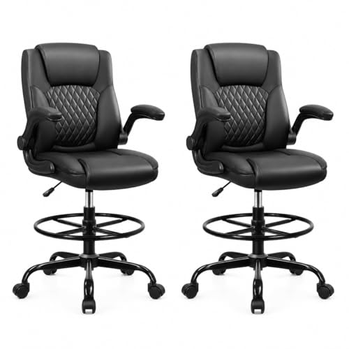 Image of Drafting Chair, Tall Office Chair for Standing Desk, High Executive Leather Ergonomic Computer Chair with Adjustable Height and Flip-Up Armrest for Counter Height Desk, Black, Pack of 2