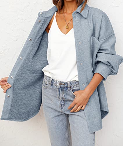 Merokeety Womens Oversized Button Lapel Flannel Shacket Coats Wool Blend Jackets With Pockets, Grayblue, M #TOP4
