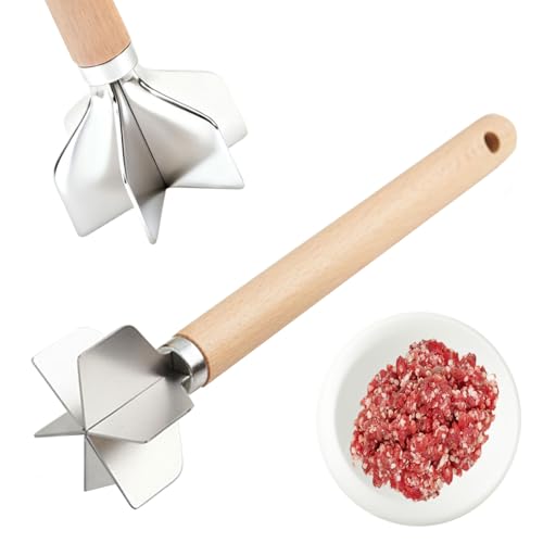304 Stainless Steel Meat Chopper,6 Blade Ground Beef Masher With Wooden Handle, 11 Inch Potato Masher, Metal Meat Masher For Kitchen