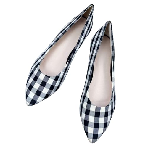 WENJIAZHIZHI Women's Checkered Pointy Toe Ballet Flats Comfortable Flat Shoes Elegant Female Slip-Ons - Main Image