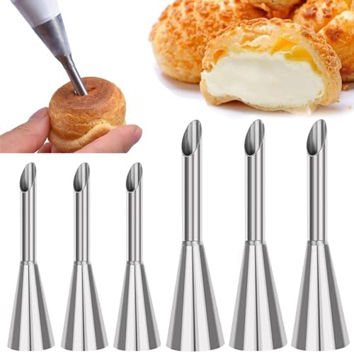 KuuGuu 6 PCS Cream Icing Piping Nozzle Tip Stainless Steel Long Cream Puff Piping Tips Cake Decorating Tools Multipurpose Pastry Piping for Small Pastries Puffs Cupcakes Filling Donuts Other Pastries