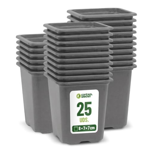 + CONTROL GARDEN Pack 25 Macetas Negras Cuadradas para Plantas 8 x 8 x 7 cm - 25 Maceteros de Plástico para Flores y Siembra 8 x 7 x 7 cm - Ideal Exterior e Interior Flores, Esquejes y Semillas