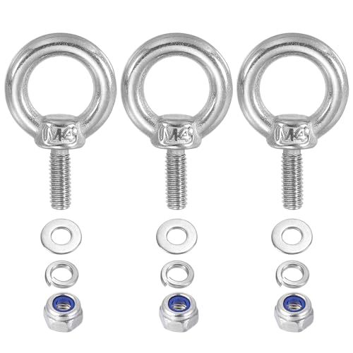 PATIKIL M4 x 10mm Lifting Shoulder Eye Bolt, 3Pcs 304 Stainless Steel Lifting Ring Threaded Eyebolt with Nuts Washers for Hanging Hammocks Articles