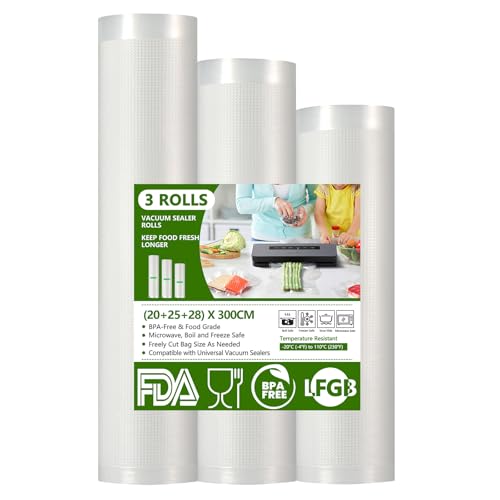 Diboniur Vakuumierbeutel 3 Rollen Vakuumierfolie, Vakuumbeutel Lebensmittel 28/25/20x300cm, Sous Vide Beutel, Einschweißfolie für alle Vakuumierer