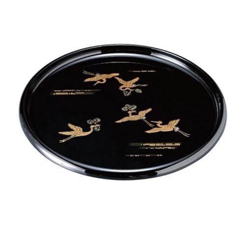 信貴 丸盆 黒 吉兆鶴 30cm 工芸品 漆器[YG208]