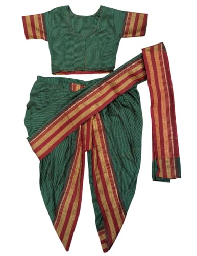 Image of BookMyCostume Traditional Marathi Dress for Girls|Dark Green Nauvari Saree for Kids with Blouse|Fisherwoman Costume for Kids|Indian Cultural State Dress| Adult M-L
