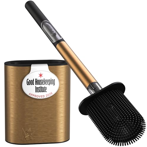 MooStar 1-Pack Silicone Toilet Brush with Holder-Stainless Steel Wall-Mounted & Free-Standing Toilet Brushes and Holders with Quick-Drying Flexible Flat Brush Head & Soap Dispenser for Bathroom-Copper