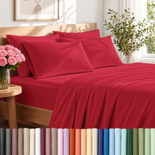 Ensemble draps Twin XL 4 pièces - Qualité hôtel, ultra doux, poches profondes, rouge