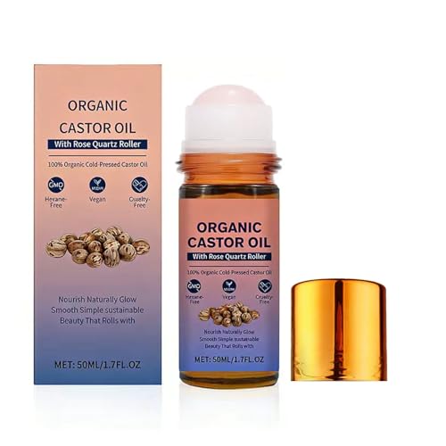 Organic Castor Oil Roll On with Rose Quartz Roller 100% Castor Oil Organic Cold Pressed Hexane-Free for Face and Body Hair Eyebrows Moisturize Skin -1pcs