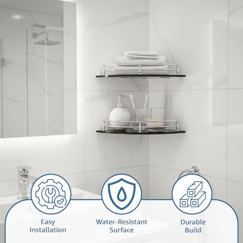Image of Amazon Basics Glass Bathroom Corner Shelf with Stainless Steel Railings | Pack of 3 | Black | 9x9 Inch | Rust-Resistant Space-Saving Storage | 23D x 23W x 6H cm